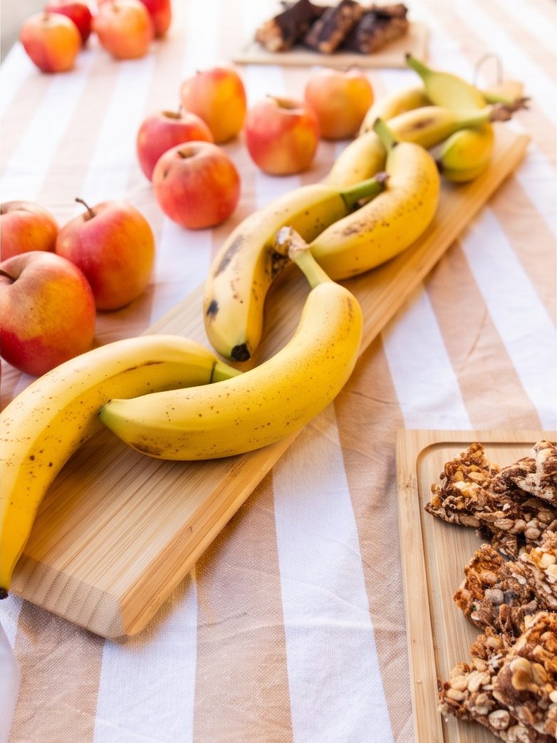 Bananes et pommes posées sur la table
